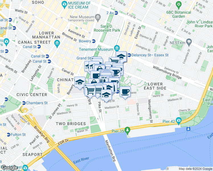 map of restaurants, bars, coffee shops, grocery stores, and more near 130 Division Street in New York