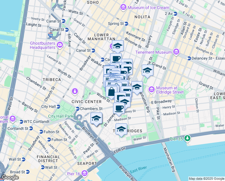 map of restaurants, bars, coffee shops, grocery stores, and more near 42 Mulberry Street in New York