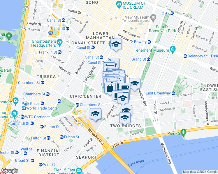 map of restaurants, bars, coffee shops, grocery stores, and more near 42 Mulberry Street in New York