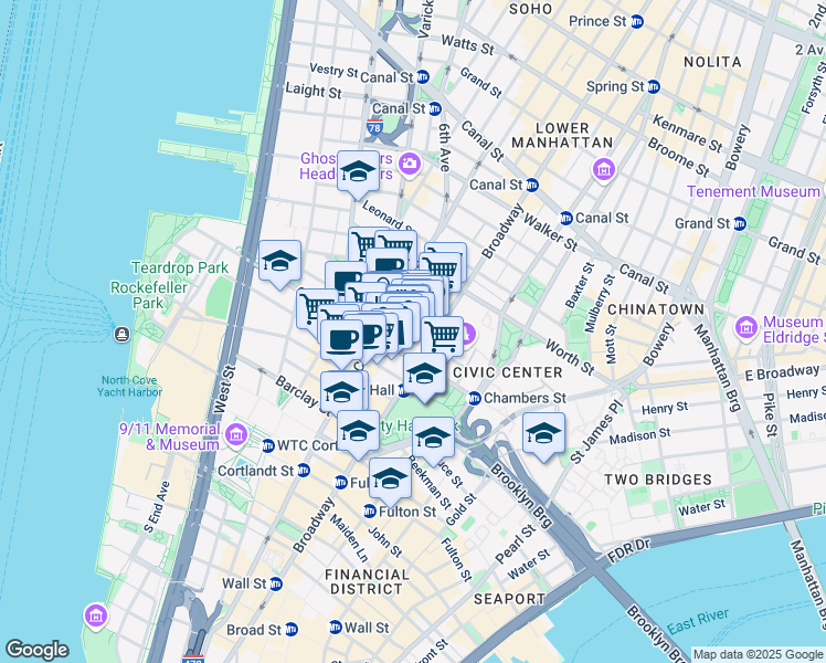 map of restaurants, bars, coffee shops, grocery stores, and more near 277 Broadway in New York