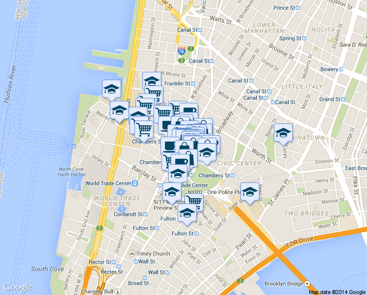 map of restaurants, bars, coffee shops, grocery stores, and more near 277 Broadway in New York