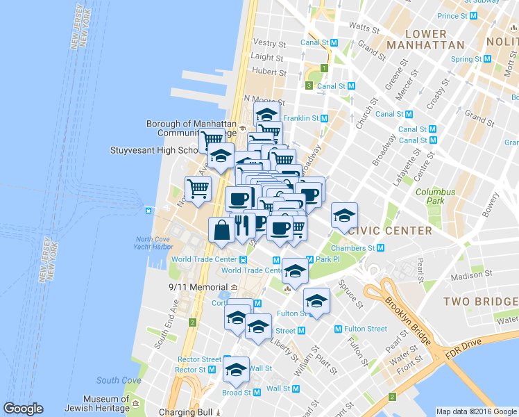 map of restaurants, bars, coffee shops, grocery stores, and more near 255 Greenwich Street in New York
