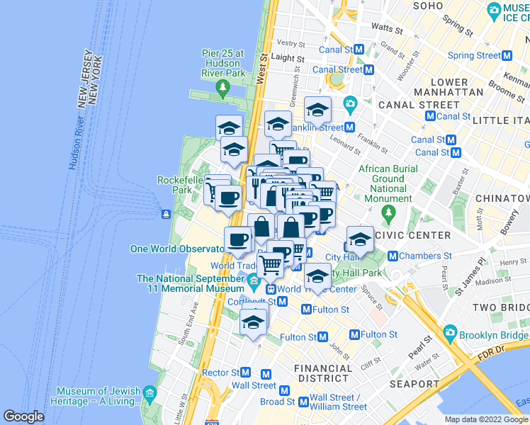 map of restaurants, bars, coffee shops, grocery stores, and more near 255 Greenwich Street in New York