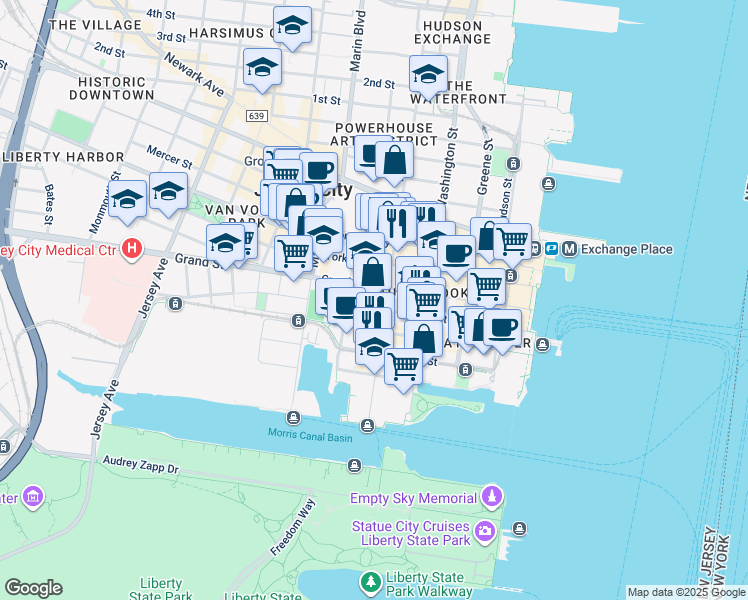 map of restaurants, bars, coffee shops, grocery stores, and more near 207 Warren Street in Jersey City