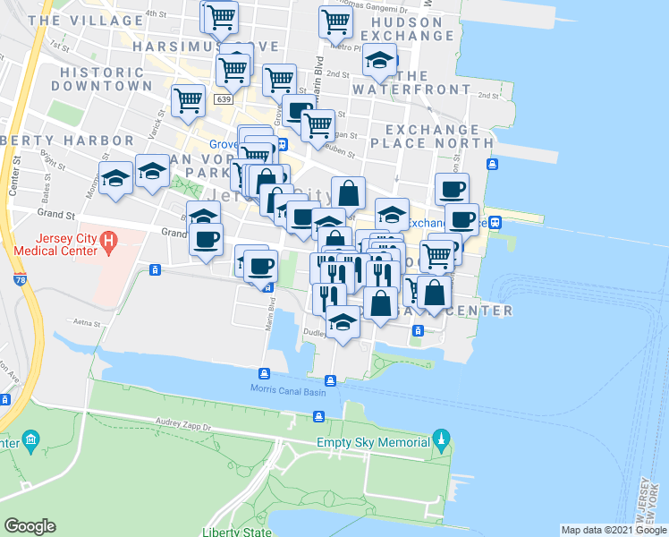 map of restaurants, bars, coffee shops, grocery stores, and more near 207 Warren Street in Jersey City