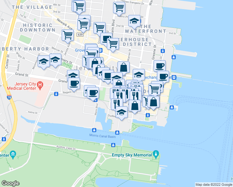map of restaurants, bars, coffee shops, grocery stores, and more near 207 Warren Street in Jersey City