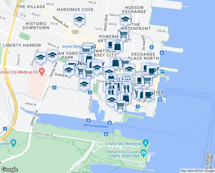 map of restaurants, bars, coffee shops, grocery stores, and more near 207 Warren Street in Jersey City