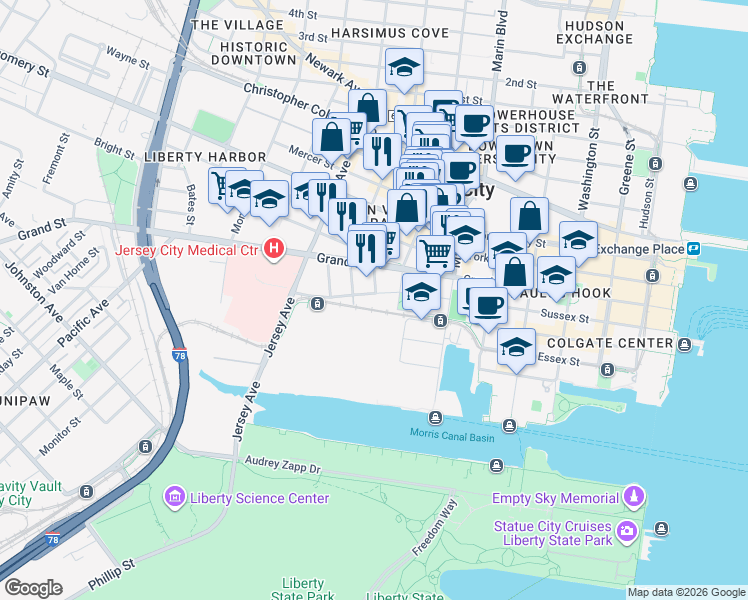 map of restaurants, bars, coffee shops, grocery stores, and more near 9 Regent Street in Jersey City