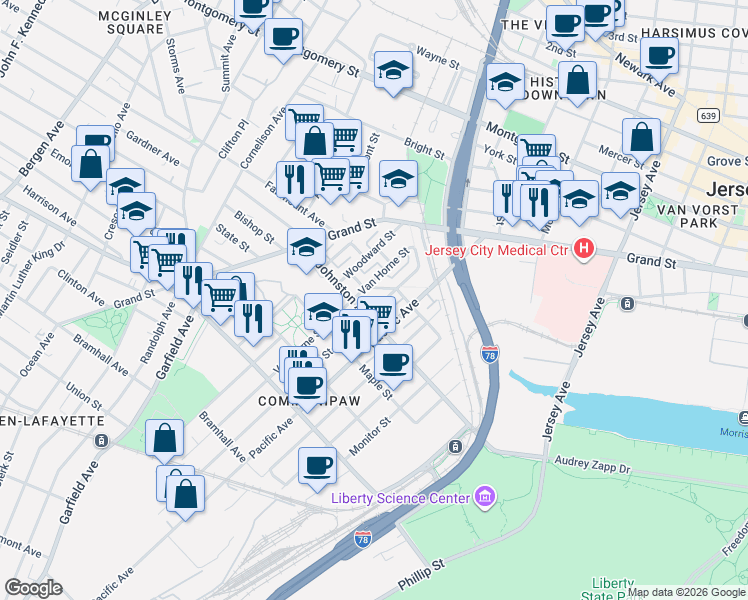 map of restaurants, bars, coffee shops, grocery stores, and more near 390 Halladay Street in Jersey City