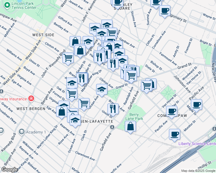 map of restaurants, bars, coffee shops, grocery stores, and more near 800 Grand Street in Jersey City
