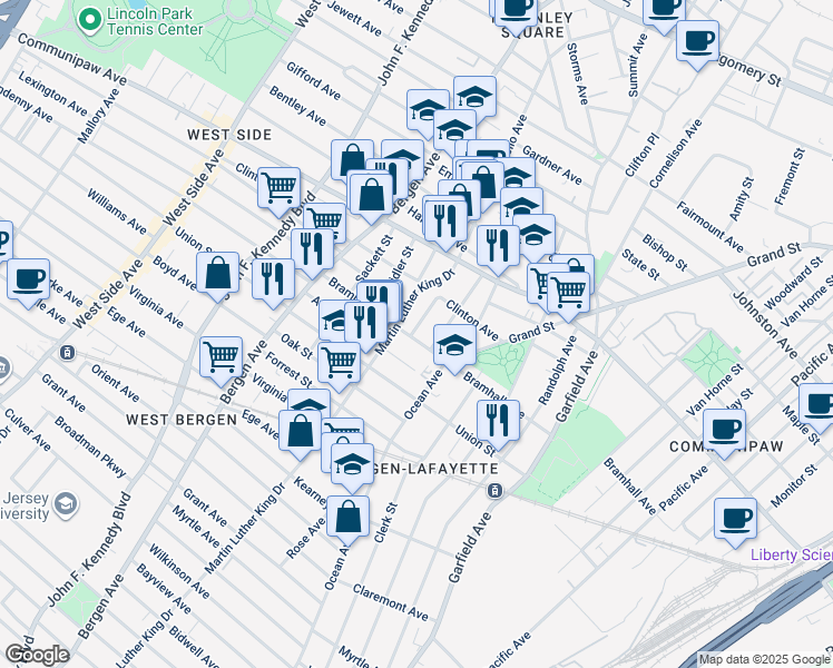map of restaurants, bars, coffee shops, grocery stores, and more near 545 Bramhall Avenue in Jersey City