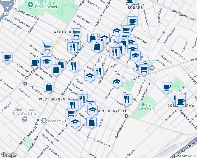 map of restaurants, bars, coffee shops, grocery stores, and more near 481 Martin Luther King Drive in Jersey City