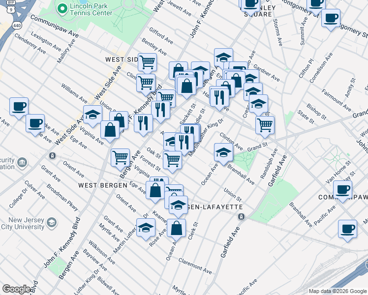 map of restaurants, bars, coffee shops, grocery stores, and more near 481 Martin Luther King Drive in Jersey City