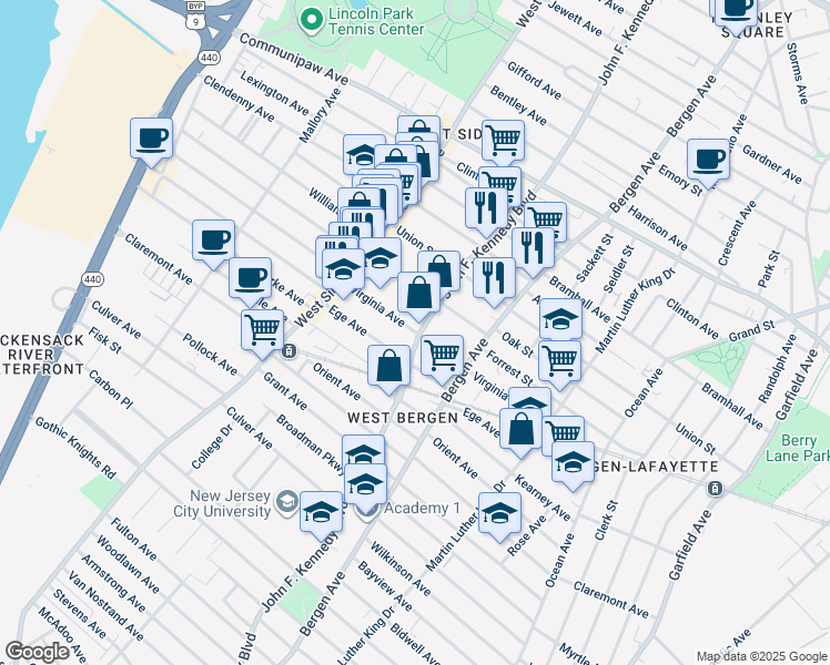 map of restaurants, bars, coffee shops, grocery stores, and more near 173 Virginia Avenue in Jersey City