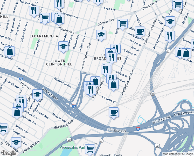 map of restaurants, bars, coffee shops, grocery stores, and more near 243-253 Elizabeth Avenue in Newark