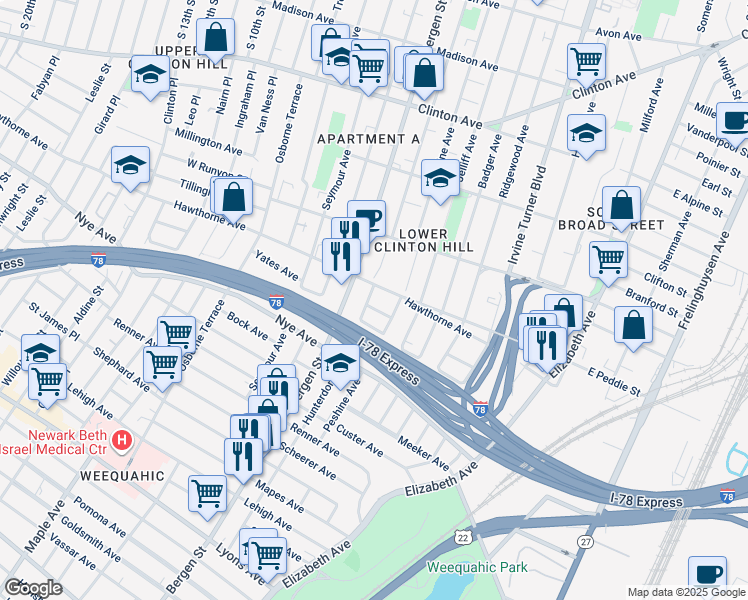 map of restaurants, bars, coffee shops, grocery stores, and more near 836 Hunterdon Street in Newark
