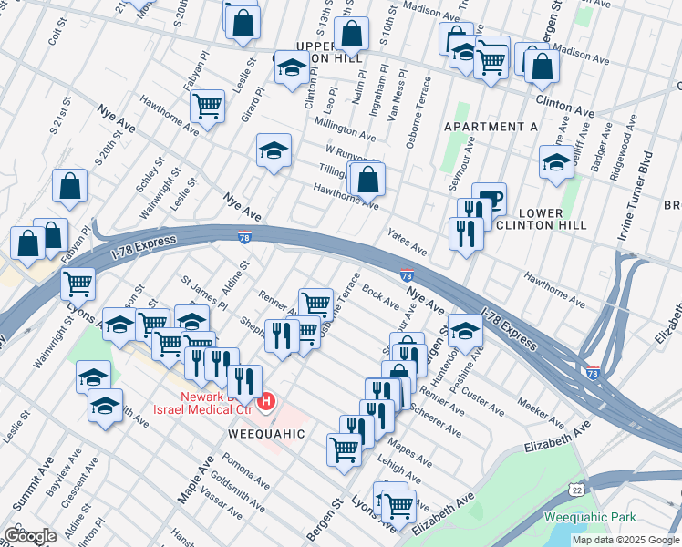 map of restaurants, bars, coffee shops, grocery stores, and more near 88 Huntington Terrace in Newark
