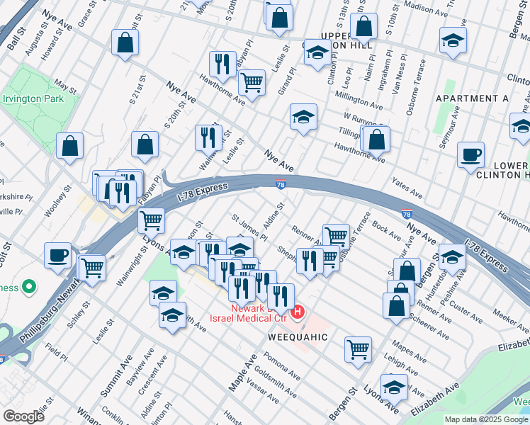 map of restaurants, bars, coffee shops, grocery stores, and more near 36 Aldine Street in Newark