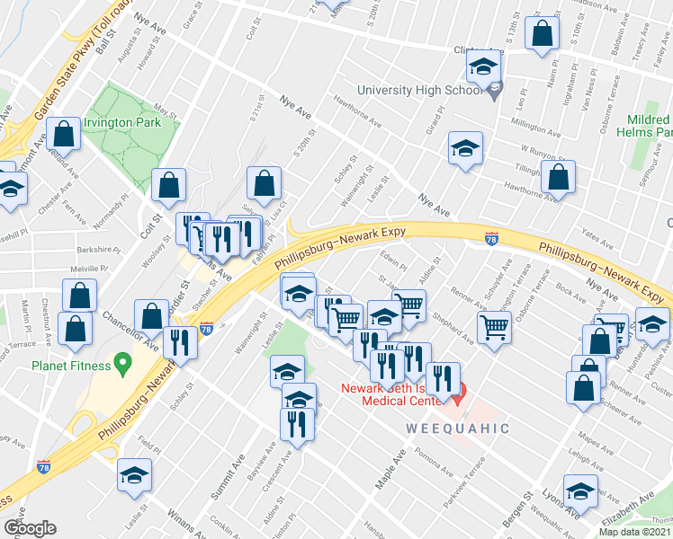 map of restaurants, bars, coffee shops, grocery stores, and more near 50 Shaw Avenue in Newark