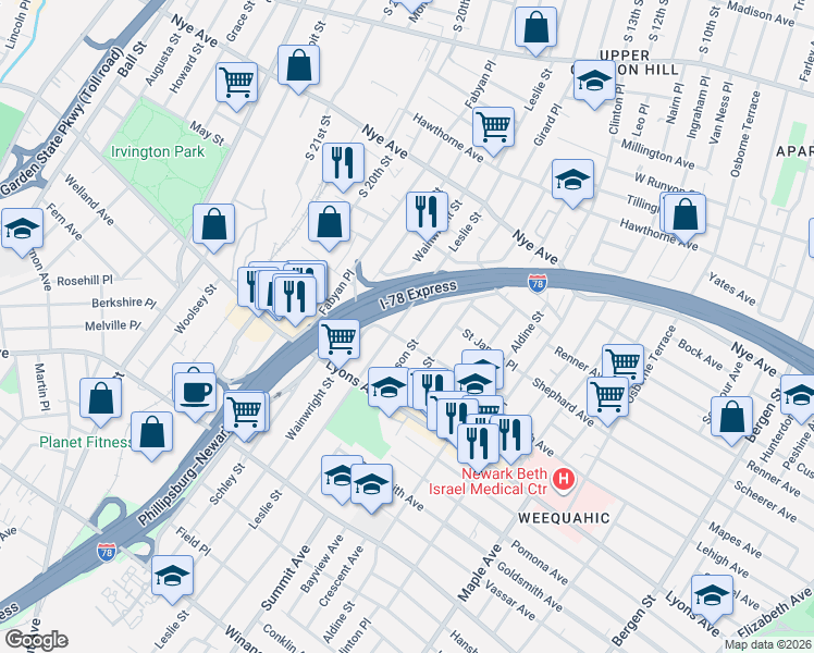 map of restaurants, bars, coffee shops, grocery stores, and more near 50 Shaw Avenue in Newark