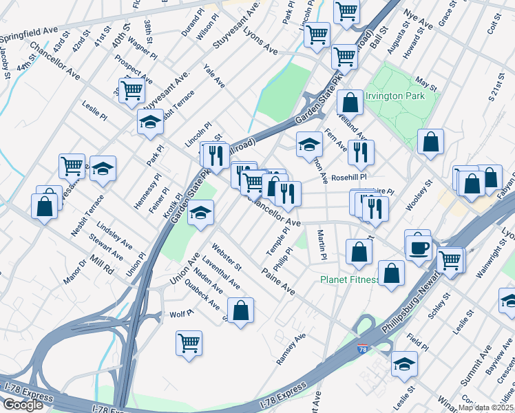 map of restaurants, bars, coffee shops, grocery stores, and more near 682 Chancellor Avenue in Irvington