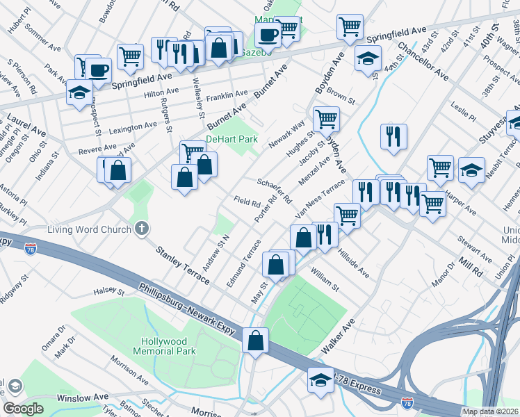 map of restaurants, bars, coffee shops, grocery stores, and more near 2093 Melrose Parkway in Union