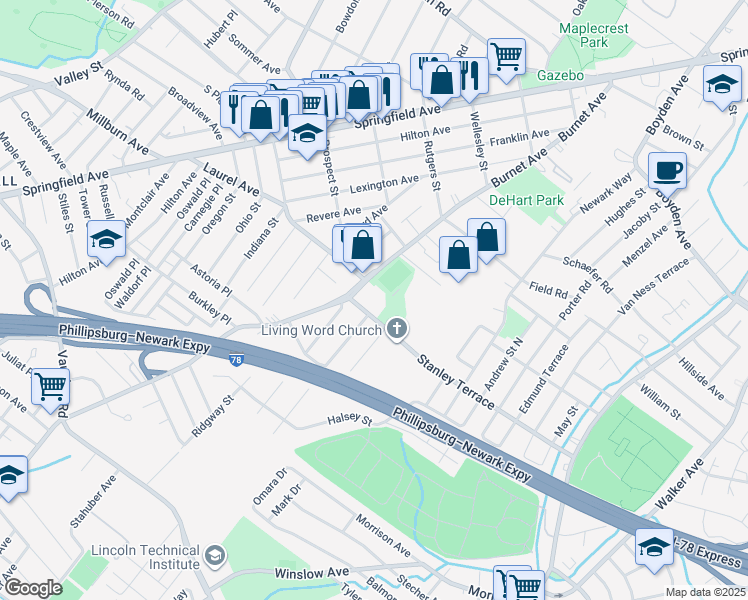 map of restaurants, bars, coffee shops, grocery stores, and more near 2221 Stanley Terrace in Union
