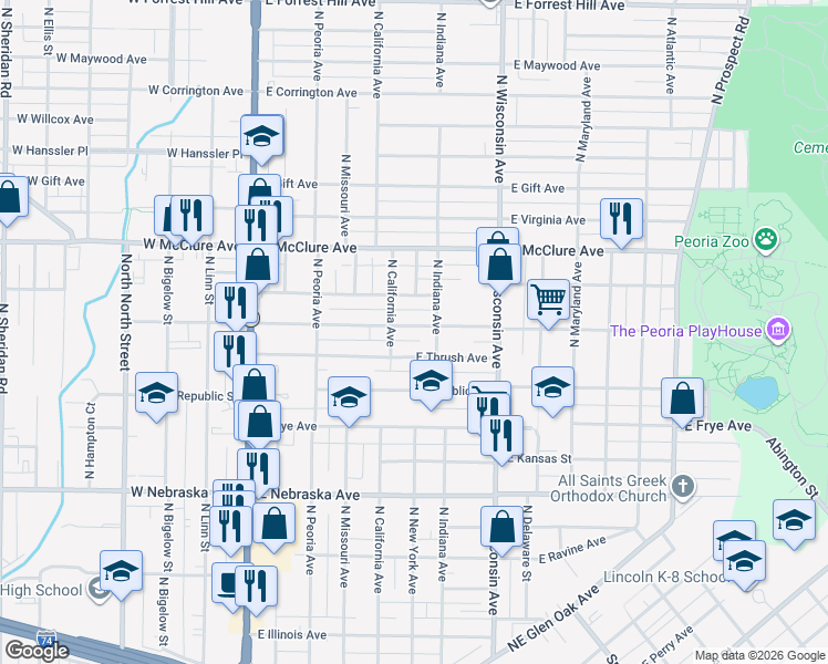 map of restaurants, bars, coffee shops, grocery stores, and more near 518 East Arcadia Avenue in Peoria