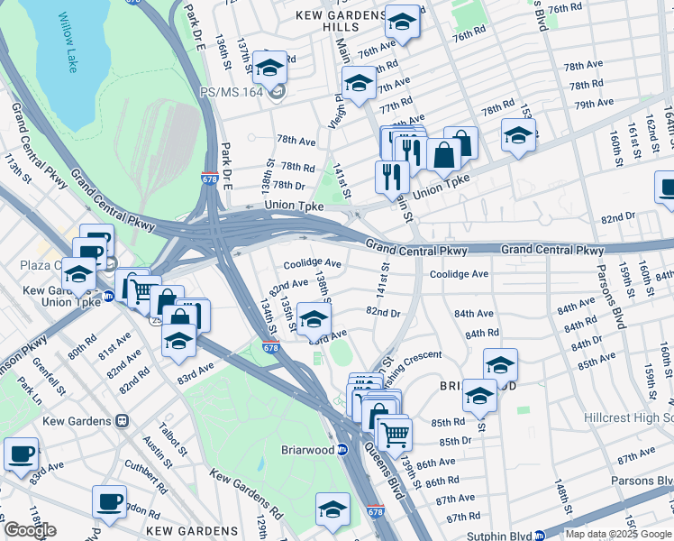 map of restaurants, bars, coffee shops, grocery stores, and more near 138-34 Coolidge Avenue in Queens