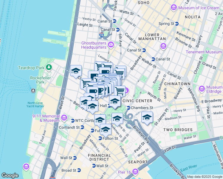 map of restaurants, bars, coffee shops, grocery stores, and more near 277 Broadway in New York