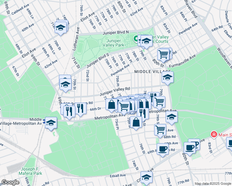 map of restaurants, bars, coffee shops, grocery stores, and more near 66-12 75th Street in Queens