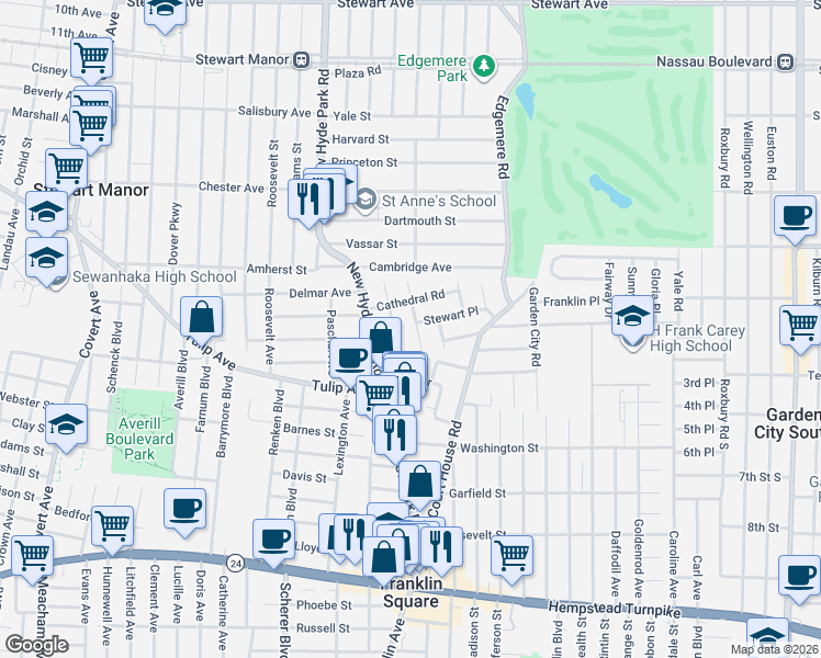 map of restaurants, bars, coffee shops, grocery stores, and more near 248 Seidman Place in Franklin Square