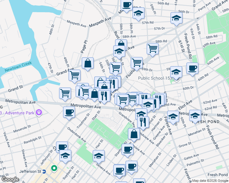 map of restaurants, bars, coffee shops, grocery stores, and more near 54-16 Flushing Avenue in Queens