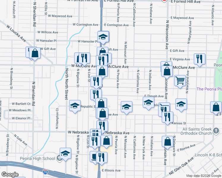 map of restaurants, bars, coffee shops, grocery stores, and more near 204 East Arcadia Avenue in Peoria