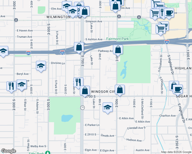 map of restaurants, bars, coffee shops, grocery stores, and more near 2582 800 East in Salt Lake City
