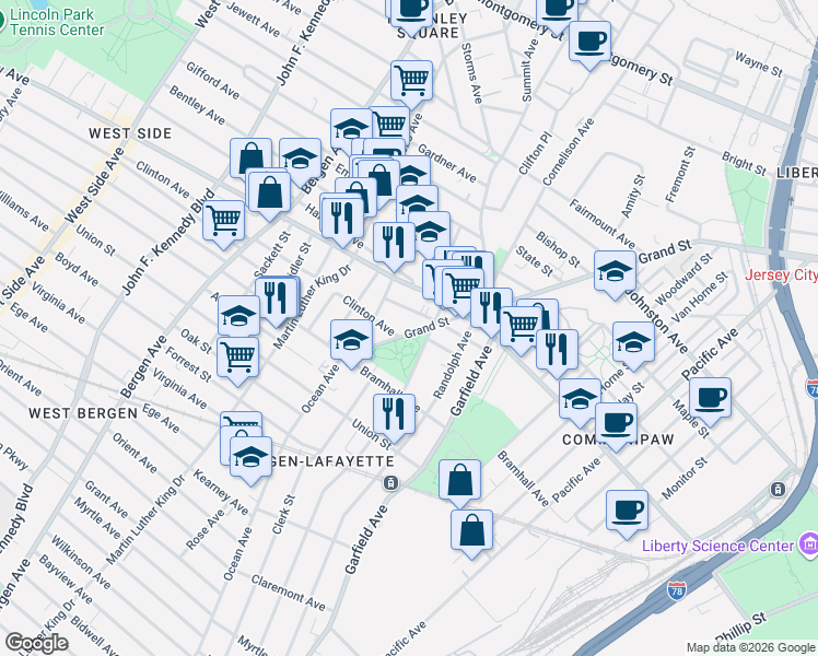 map of restaurants, bars, coffee shops, grocery stores, and more near 402 Arlington Avenue in Jersey City