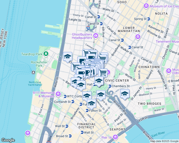 map of restaurants, bars, coffee shops, grocery stores, and more near 277 Broadway in New York