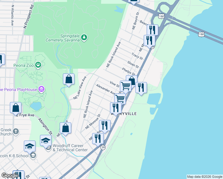 map of restaurants, bars, coffee shops, grocery stores, and more near 521 Alexander Avenue in Peoria
