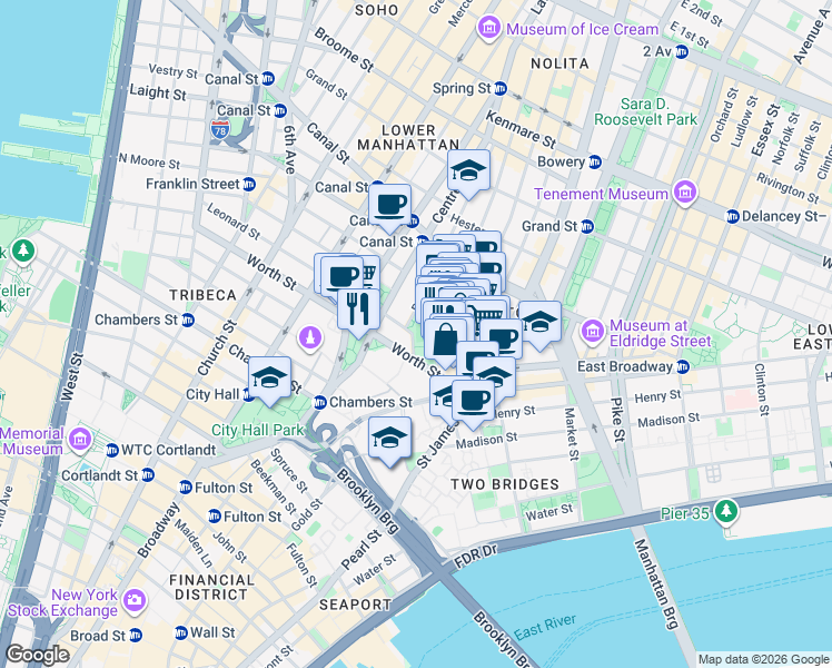 map of restaurants, bars, coffee shops, grocery stores, and more near 71 Baxter Street in New York