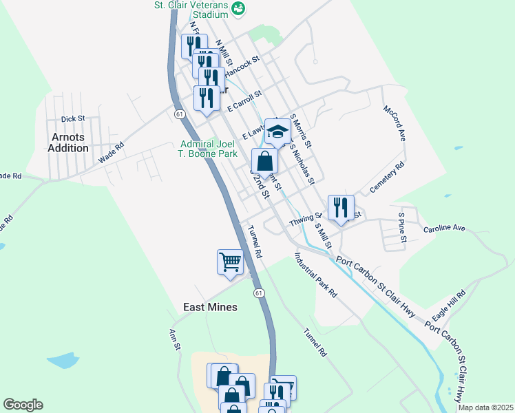 map of restaurants, bars, coffee shops, grocery stores, and more near 316 South 3rd Street in Saint Clair