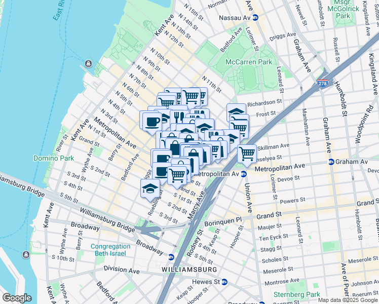 map of restaurants, bars, coffee shops, grocery stores, and more near Roebling Street & North 5th Street in Brooklyn