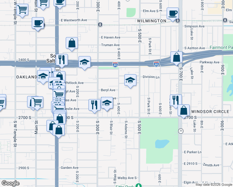 map of restaurants, bars, coffee shops, grocery stores, and more near 2550 South 400 East in South Salt Lake