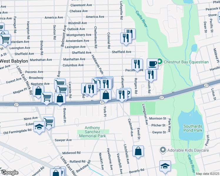 map of restaurants, bars, coffee shops, grocery stores, and more near 1 Nicole Place in West Babylon