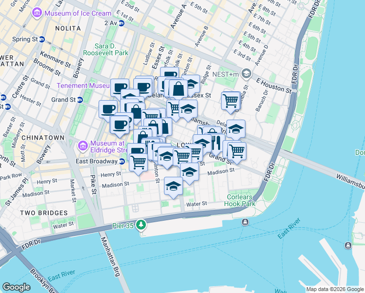 map of restaurants, bars, coffee shops, grocery stores, and more near 268 East Broadway in New York