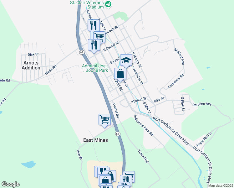 map of restaurants, bars, coffee shops, grocery stores, and more near 316 South 3rd Street in Saint Clair