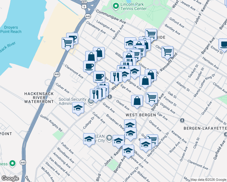 map of restaurants, bars, coffee shops, grocery stores, and more near 263 Kearney Avenue in Jersey City