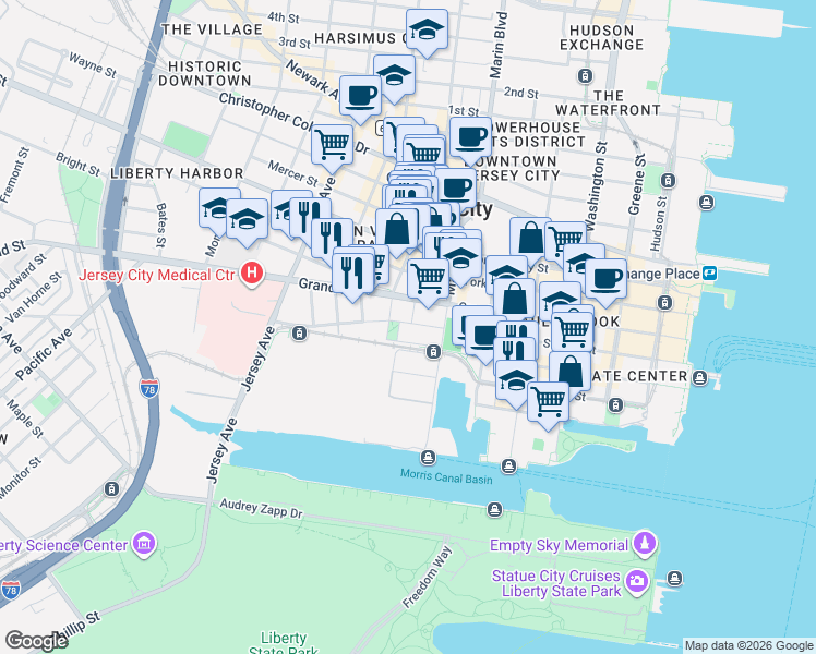 map of restaurants, bars, coffee shops, grocery stores, and more near 220 Morris Boulevard in Jersey City