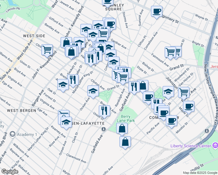 map of restaurants, bars, coffee shops, grocery stores, and more near 772 Grand Street in Jersey City