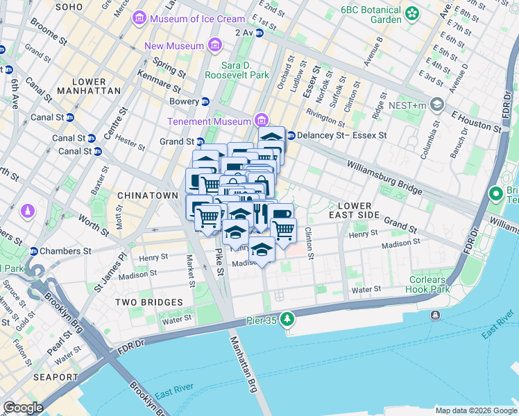 map of restaurants, bars, coffee shops, grocery stores, and more near 15 Essex Street in New York
