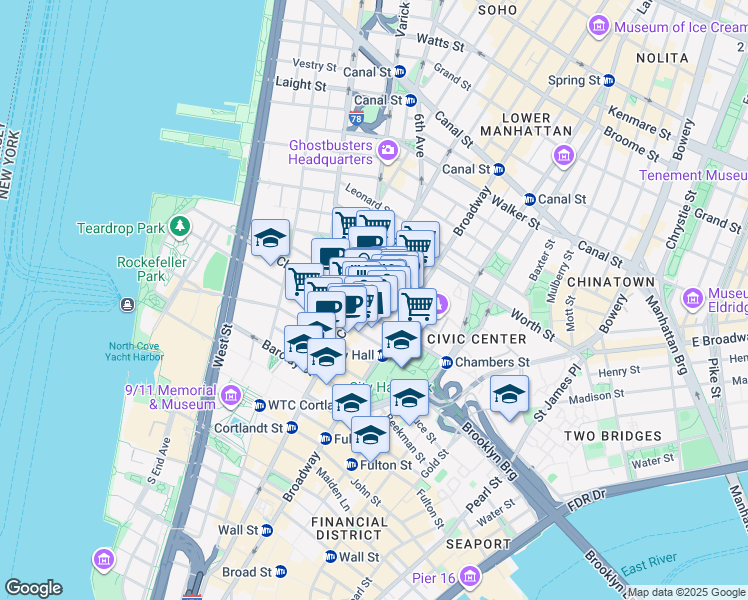 map of restaurants, bars, coffee shops, grocery stores, and more near 277 Broadway in New York